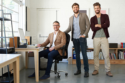 Buy stock photo Team of 3 creative professional men in a creative office space