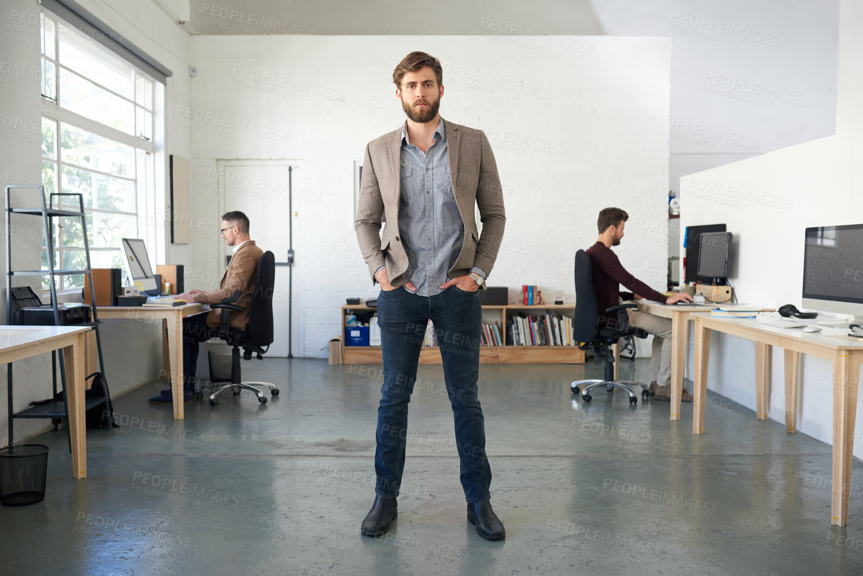 Buy stock photo Portrait, businessman and standing in office with confidence, startup and website planning. Web designer, guy and entrepreneur in creative agency for wireframe development, seo project and ux career