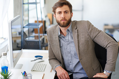 Buy stock photo Portrait, startup and man at desk in office, pride and creative agency with graphic designer and career ambition. Face, publisher and journalist in workplace, employee and pc with magazine editor