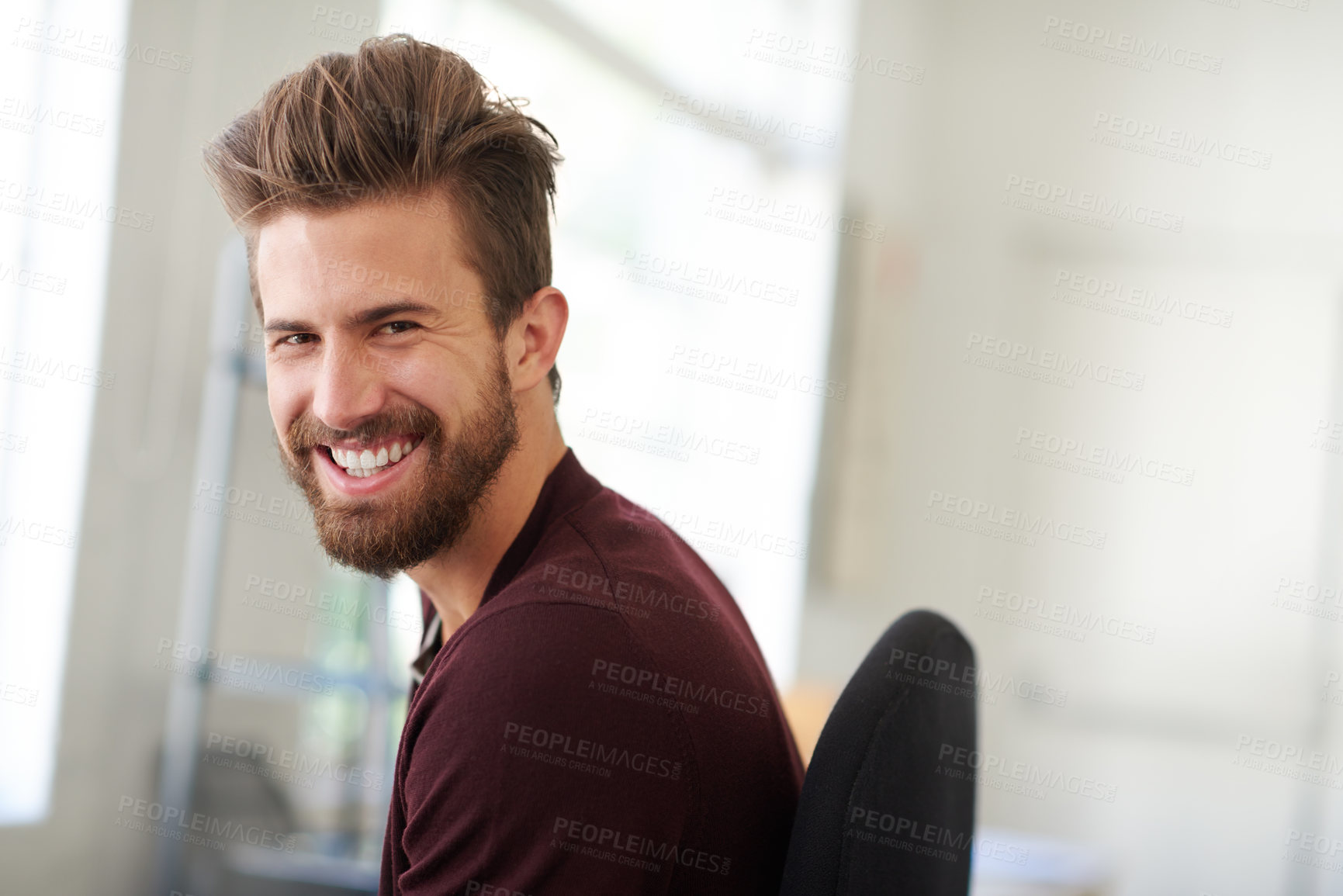 Buy stock photo Businessman, portrait and confidence for small business in startup with graphic designer in modern office or workplace. Cool, man and creative employee with smile, happiness and entrepreneurship