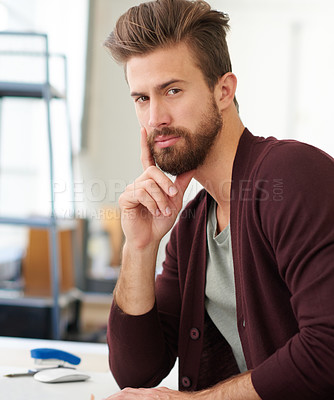 Buy stock photo Portrait, serious and man in office, startup and UI designer with confidence, working and desk. Project, face and person with pride, ambition and employee in design agency, deadline and business