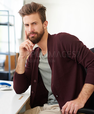 Buy stock photo Portrait, serious and man in office, business and UI designer with confidence, working and desk. Project, face and person with pride, ambition and employee in design agency, deadline and startup