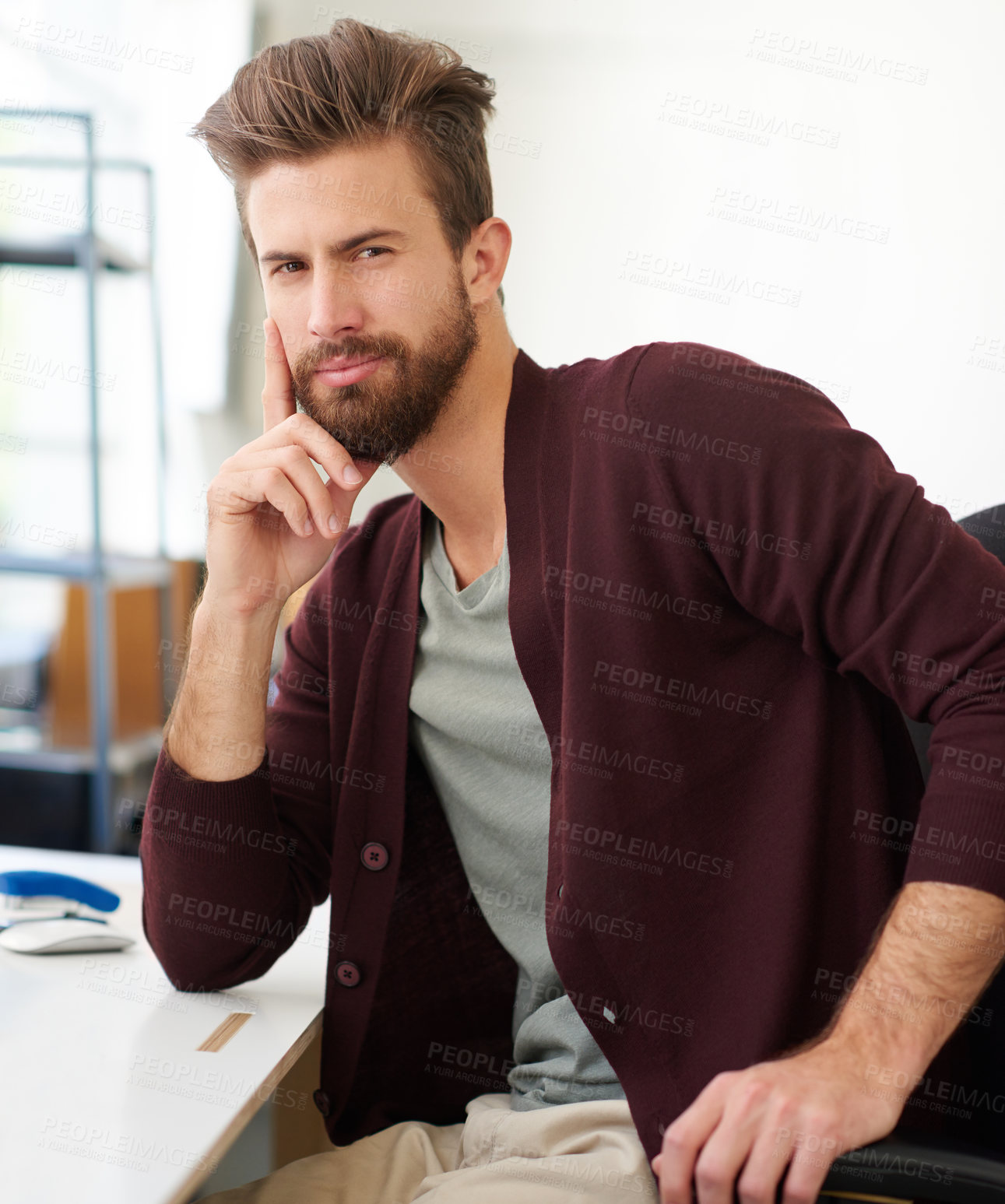 Buy stock photo Portrait, serious and man in office, business and UI designer with confidence, working and desk. Project, face and person with pride, ambition and employee in design agency, deadline and startup