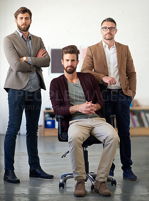 Buy stock photo Portrait of 3 creative professional males smiling at the camera