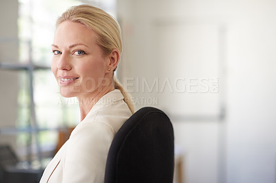 Buy stock photo Happy, office and portrait of business woman with company pride, confidence and smile. Creative workspace, startup agency and worker at desk for copy writing career, journalism and editor job