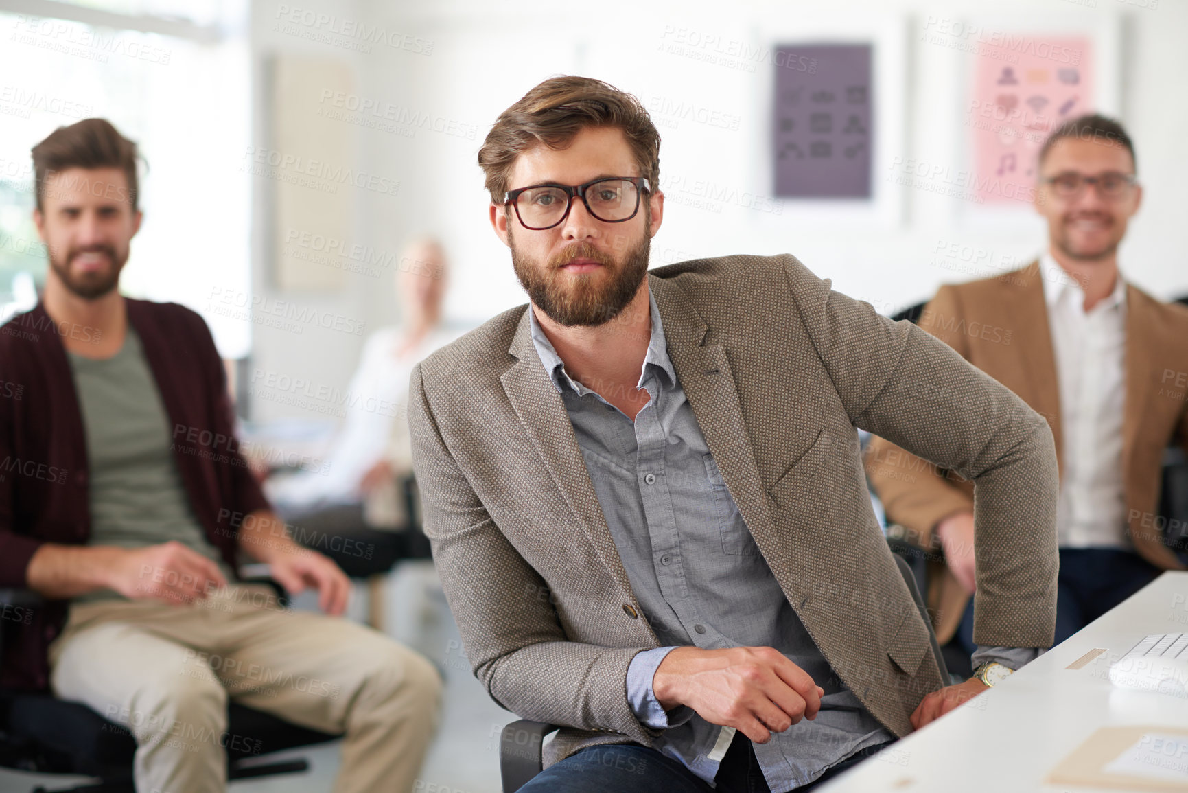 Buy stock photo Men, confidence and creative team in portrait for startup, mentor or collaboration in office. Group, male designers and leadership in workplace for success, small business and training or development