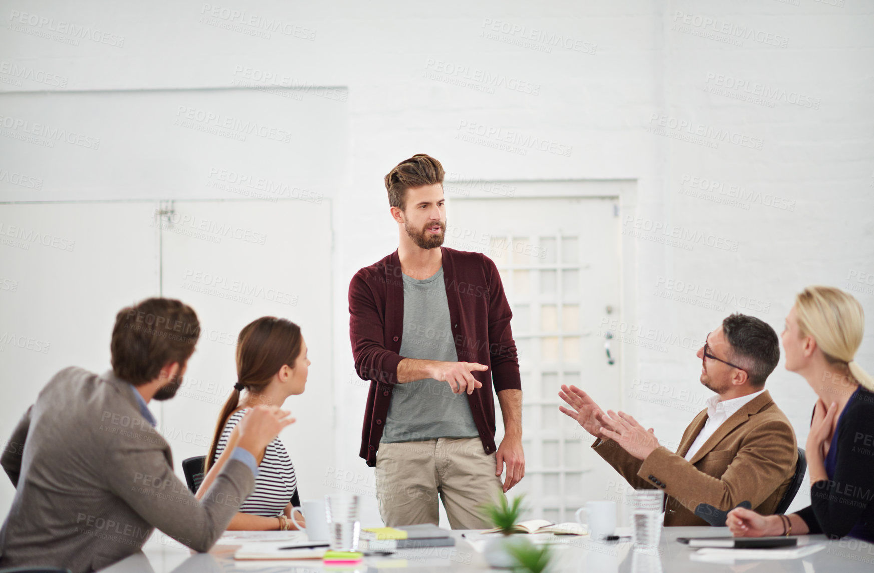 Buy stock photo Business team, discussion and meeting in office for strategy for project management, information and client feedback. Conversation, boardroom and creative ideas for collaboration on company task.