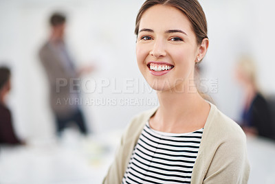 Buy stock photo Smile, designer and girl with portrait in office for career in media industry, broadcasting and content creation. Female employee, professional and face of creative agency in multimedia for startup.