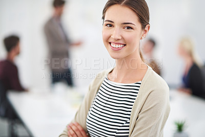 Buy stock photo Smile, designer and girl with portrait in office for career in media industry, broadcasting and content creation. Female employee, arms crossed and face of creative agency in multimedia for startup.