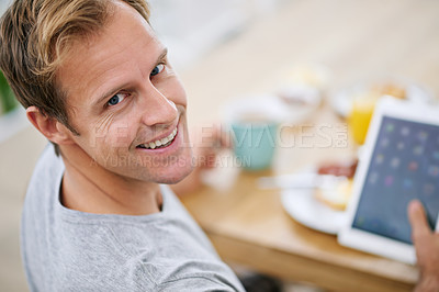 Buy stock photo Happy, man and tablet at breakfast for morning entertainment while eating on holiday in hotel. Smile, male person and room service food for comfort or rest with tech for streaming or social media