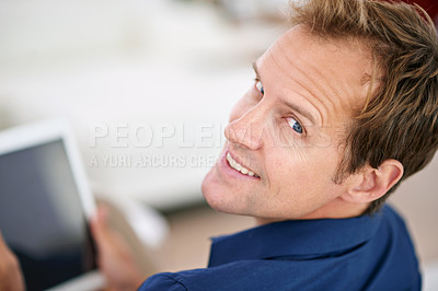 Buy stock photo Happy, man and realtor with tablet in portrait at office with online property on app in London. Consultant, agent and contact for investment in real estate with sales and advice on mortgage loan