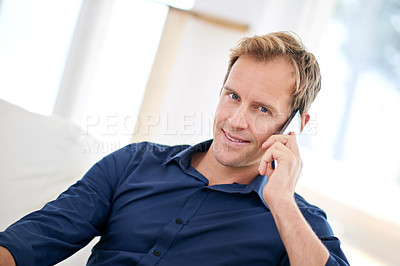 Buy stock photo Portrait, businessman or phone call in house talking or speaking in lounge for communication or chat. Smile, news and entrepreneur with mobile in conversation to relax in apartment or home on break