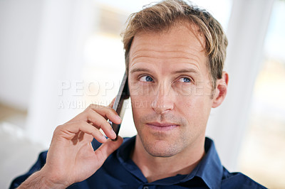 Buy stock photo Thinking, businessman or phone call in house talking or speaking for planning, communication or chat. Ideas, news and thoughtful male entrepreneur with mobile in conversation to relax in remote work