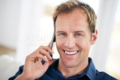 Buy stock photo Portrait, happy businessman or phone call in house talking or speaking for communication or chat. Smile, news and proud entrepreneur on mobile in conversation to relax in remote work or home on break