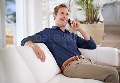 Buy stock photo Laughing, happy man and phone call to relax in home for talking, speaking and communication. Smile, news or entrepreneur on mobile chat in conversation for funny joke in house for remote work break