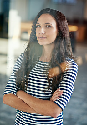 Buy stock photo Portrait, arms crossed and creative business woman in office, workplace and company for startup job. Face, confidence and young entrepreneur, employee and graphic designer working on career in Italy