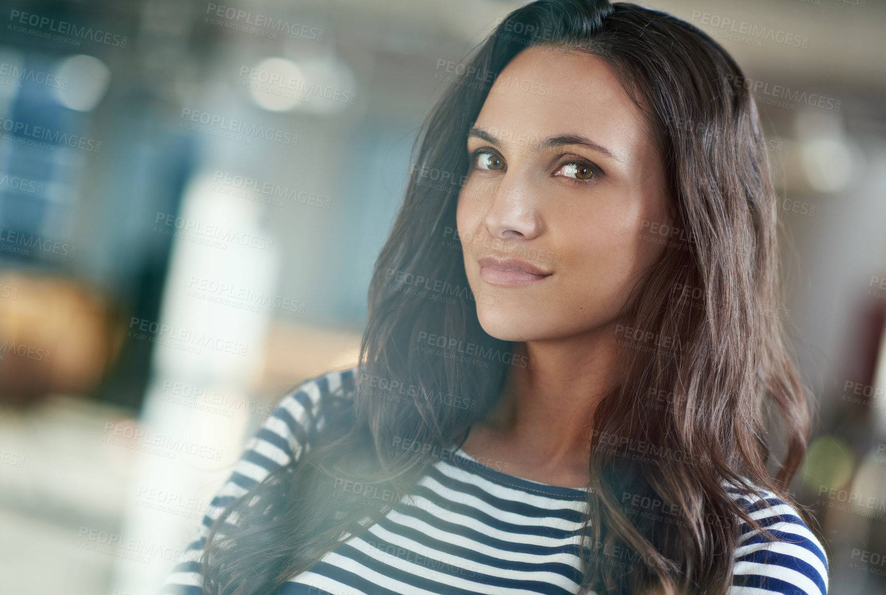 Buy stock photo Portrait, office and creative business woman in workplace and company for startup job. Face, professional and confident young entrepreneur, employee and graphic designer working on career in Spain
