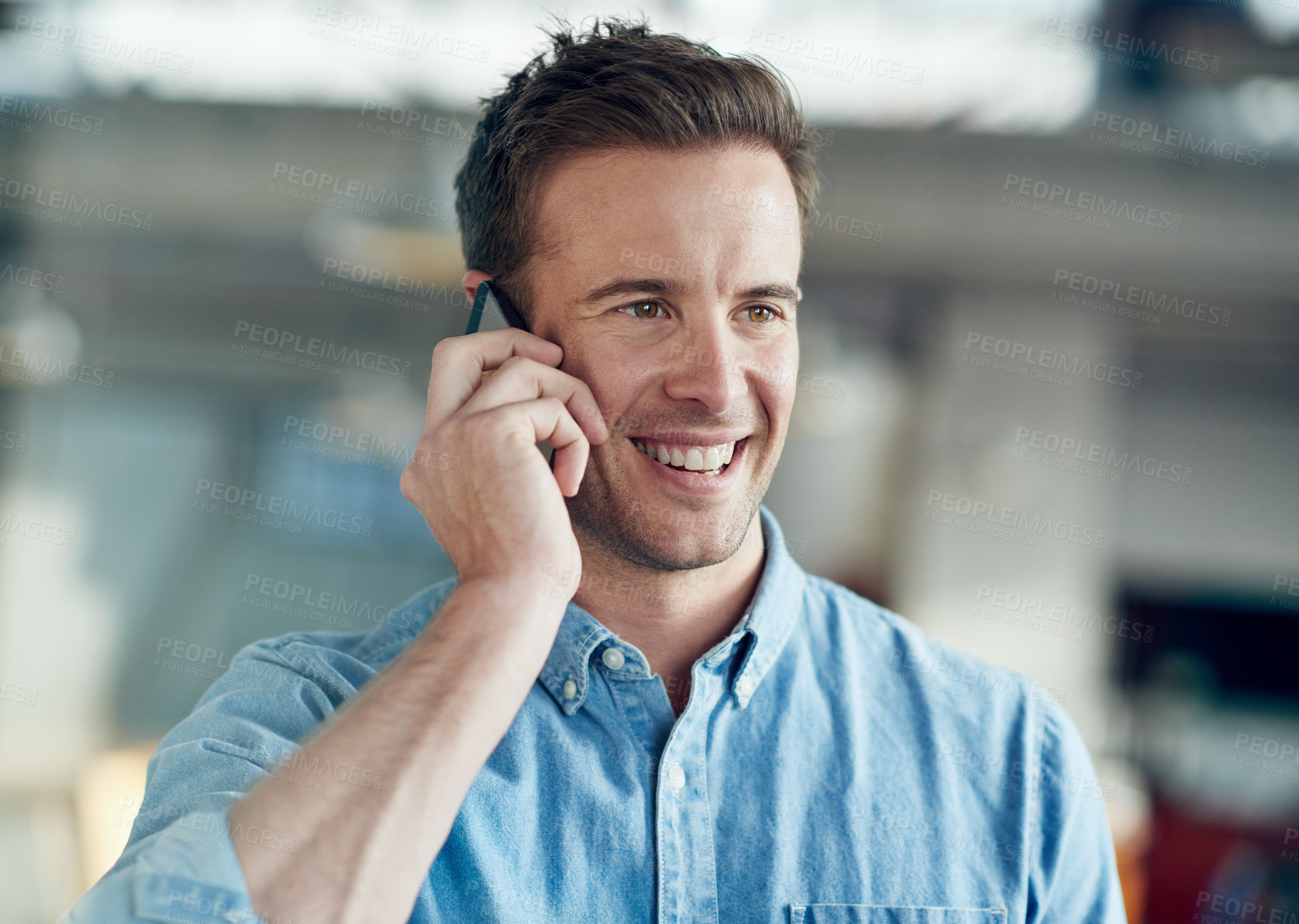 Buy stock photo Business, conversation and happy man with phone call for networking, planning and contact at startup. Office, consultant or businessman with smartphone for discussion, negotiation or communication