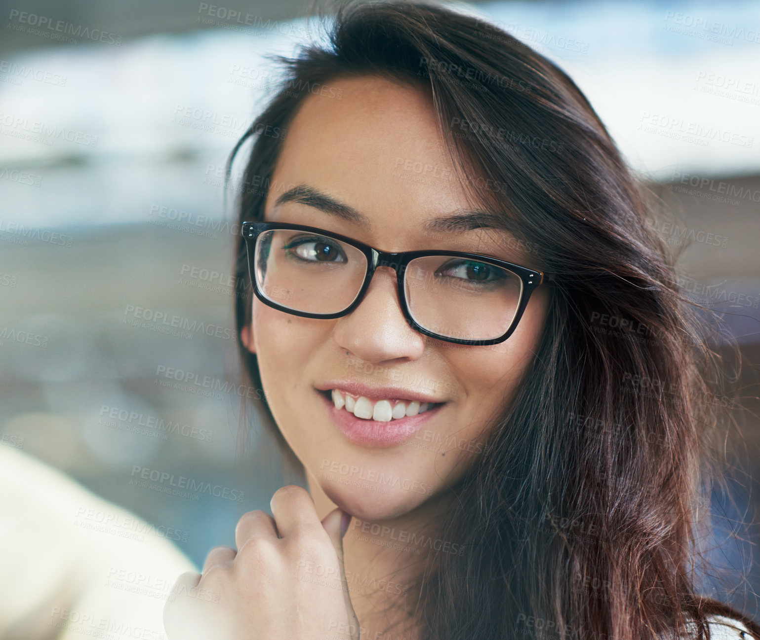 Buy stock photo Office, business woman and idea with smile of memory, inspiration and remember for content writer. Female journalist, brainstorm and plan for publication, story and article angle in workplace