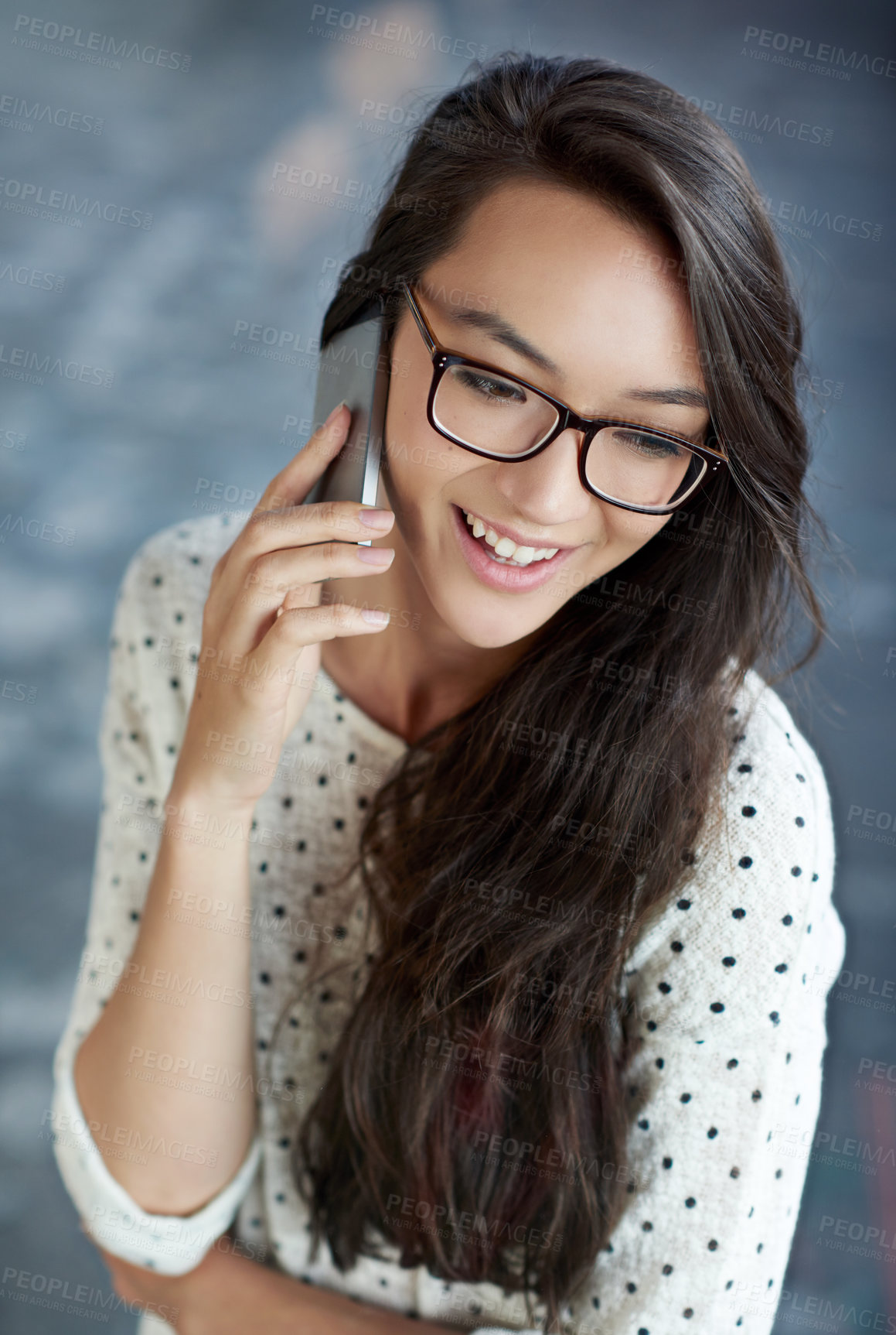 Buy stock photo Smile, glasses and Asian woman with phone call in city for communication, networking or contact. Happy, technology and female creative designer with cellphone for mobile discussion in urban town.