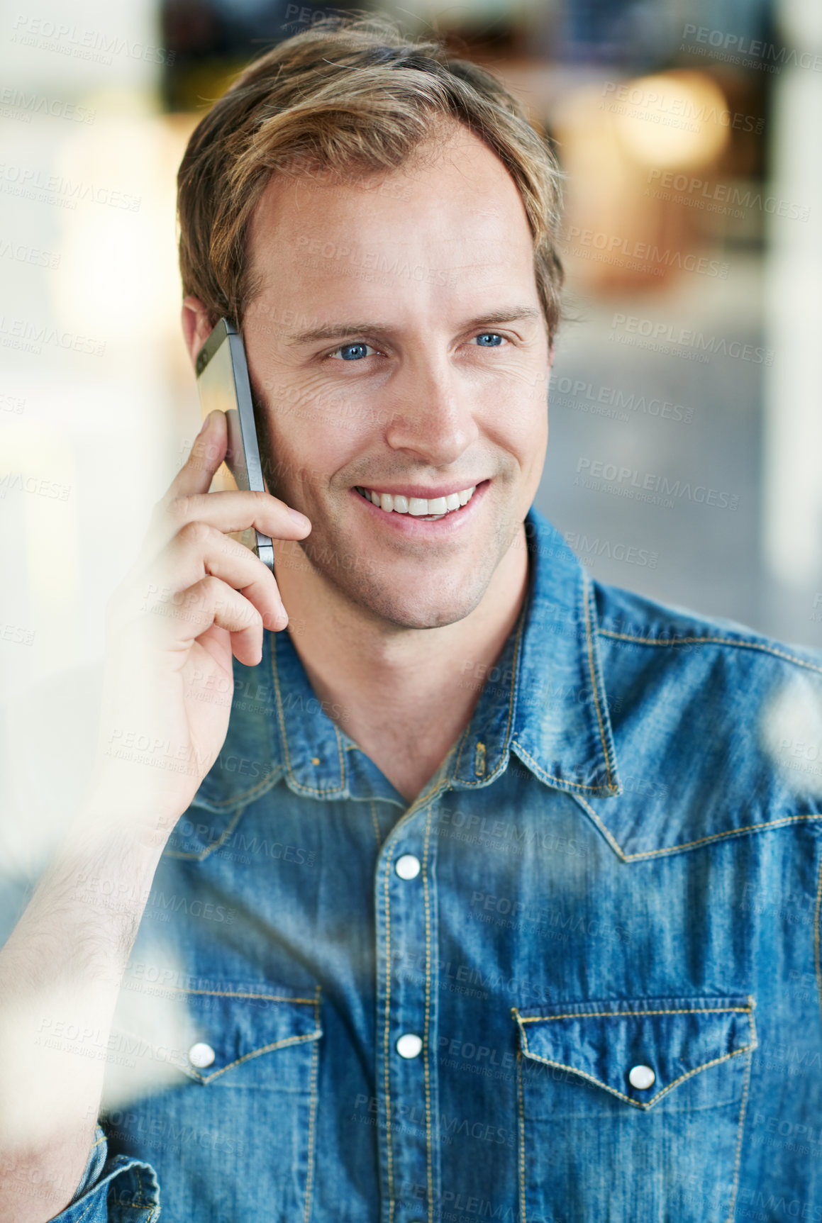 Buy stock photo Office, window and happy man with phone call for networking, planning and contact at creative startup. Smile, consultant or businessman with smartphone for discussion, negotiation or communication