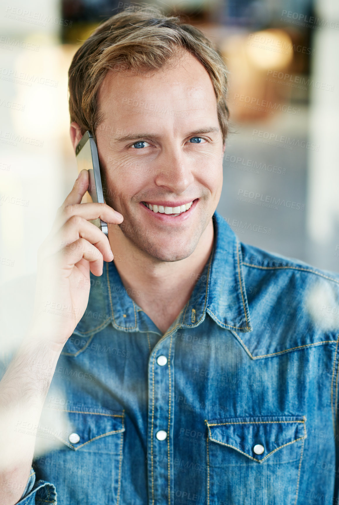 Buy stock photo Office, window and portrait of man with phone call for networking, planning and contact at creative startup. Smile, consultant or businessman with smartphone for discussion, negotiation or contact