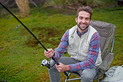 Buy stock photo Happy, man and fishing in natural water lake for vacation, camping and sports in nature for adventure. Fisherman, environment and energy in morning for health, wellness and breakfast in outdoor camp