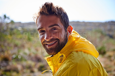 Buy stock photo Man, smile and portrait in waterproof jacket in nature for outdoor recreation, activity or holiday. Active male person and happy for adventure in cold environment for explore on vacation in winter   