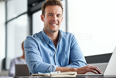 Buy stock photo Smile, portrait and businessman with laptop in office, internet and digital information. Software developer, male employee and computer for high tech, web search and application inspection