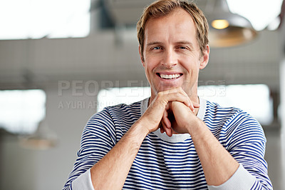 Buy stock photo Creative, work and portrait of businessman in office for career, confidence and entrepreneurship. Pride, man and smile with happiness at agency for copywriting, editor and job in San Francisco