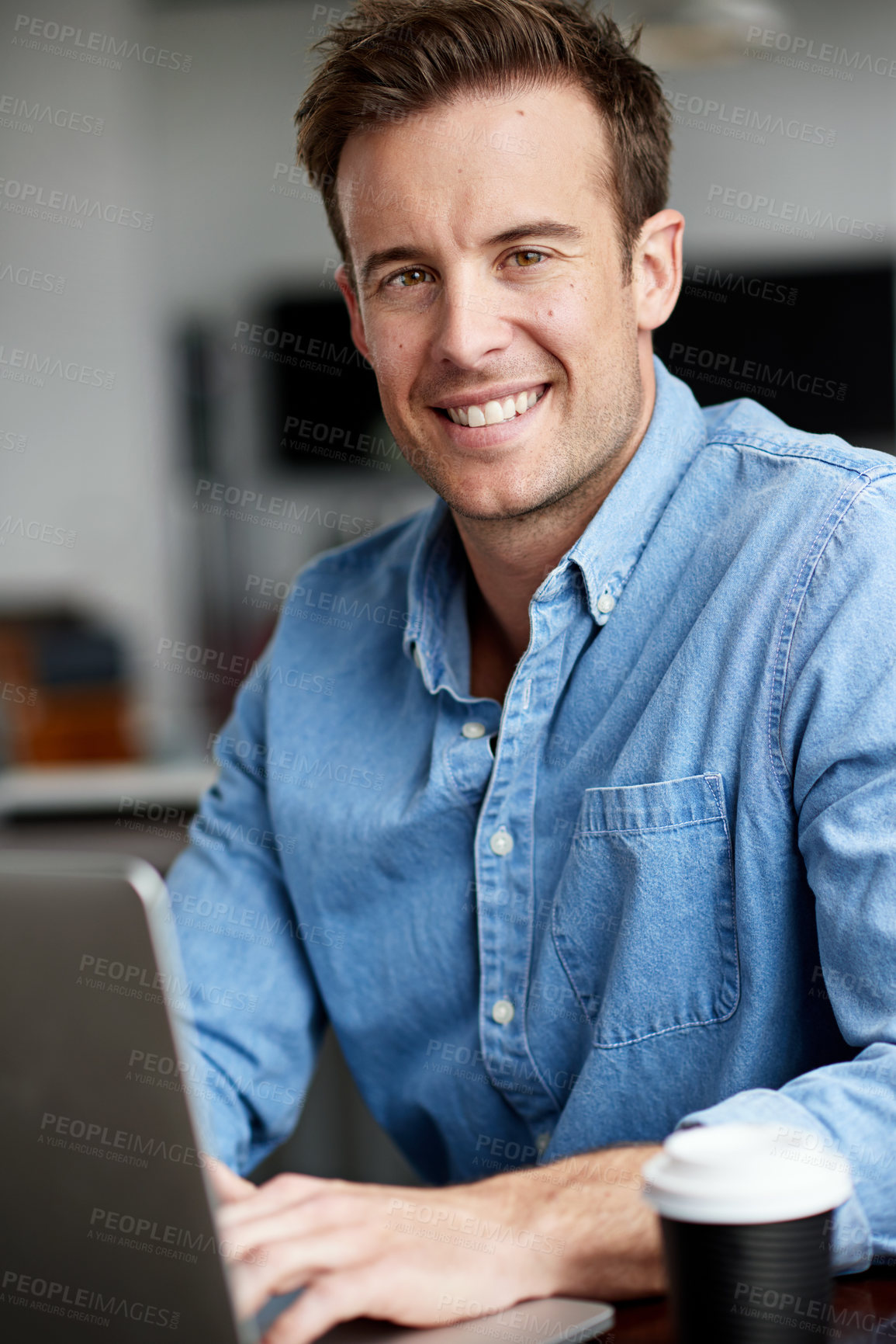 Buy stock photo Pride, portrait and businessman with laptop in office, web solution and digital information. Software developer, male employee and computer for typing email, web search and application inspection