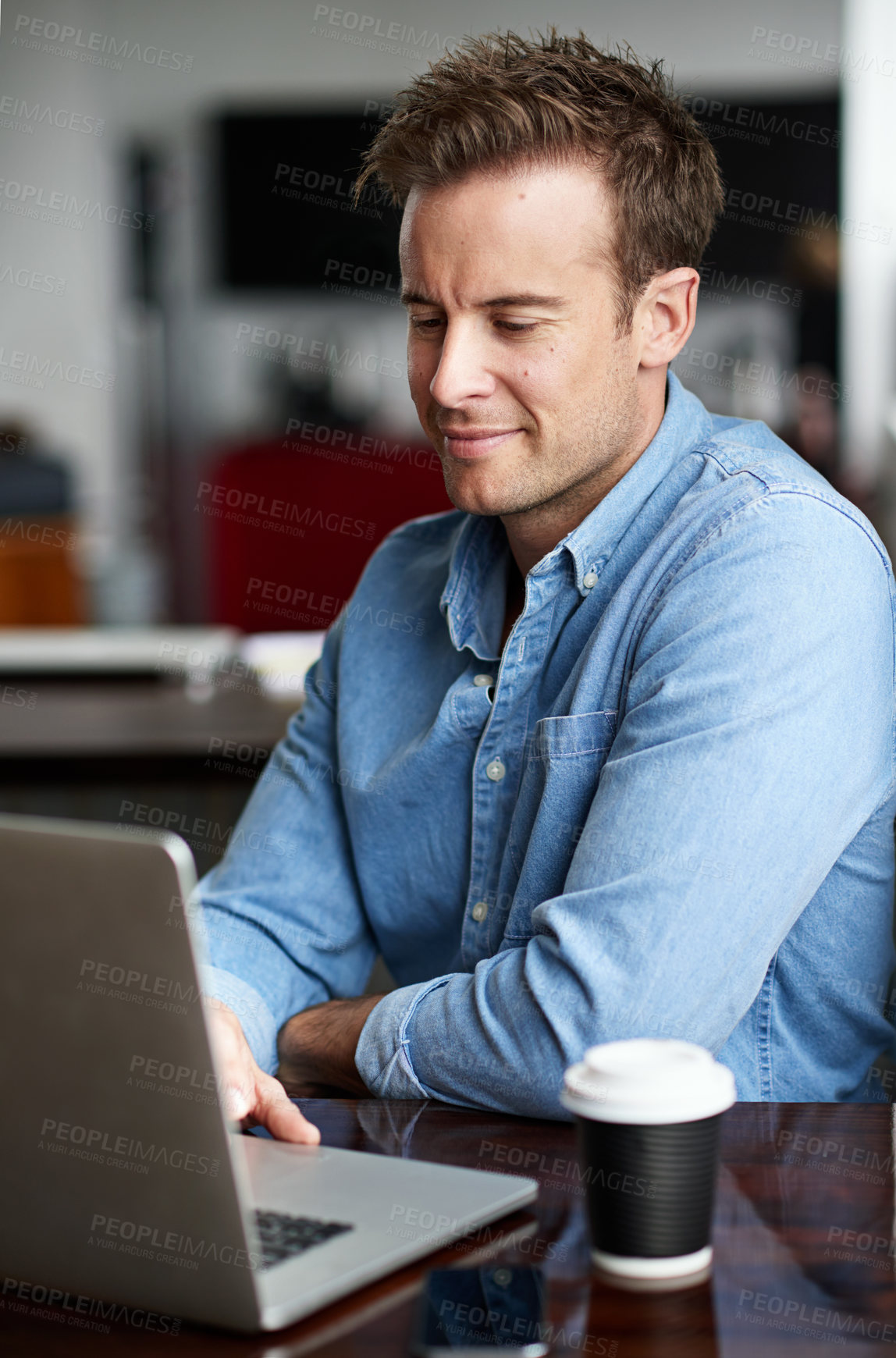 Buy stock photo Businessman, laptop and typing for planning and research, information or online in office. Technology, notebook or internet search for journalist, male person or news reporter for blog and journalism