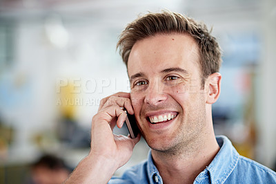 Buy stock photo Man, employee and happy in office with phone call for communication or networking as website designer. Business, smile and confident with conversation for project in digital agency and proud