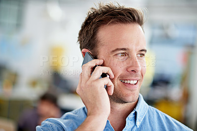 Buy stock photo Man, employee and smile in office with phone call for communication or networking as website designer. Business, happy and confident with conversation for project in digital agency and proud