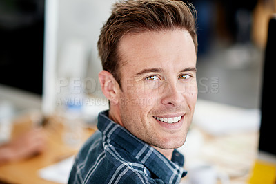 Buy stock photo Graphic designer, man and portrait in office with smile in career for company, publication or magazine. Male person, happy and confident for deadline, website and technology in workplace or business