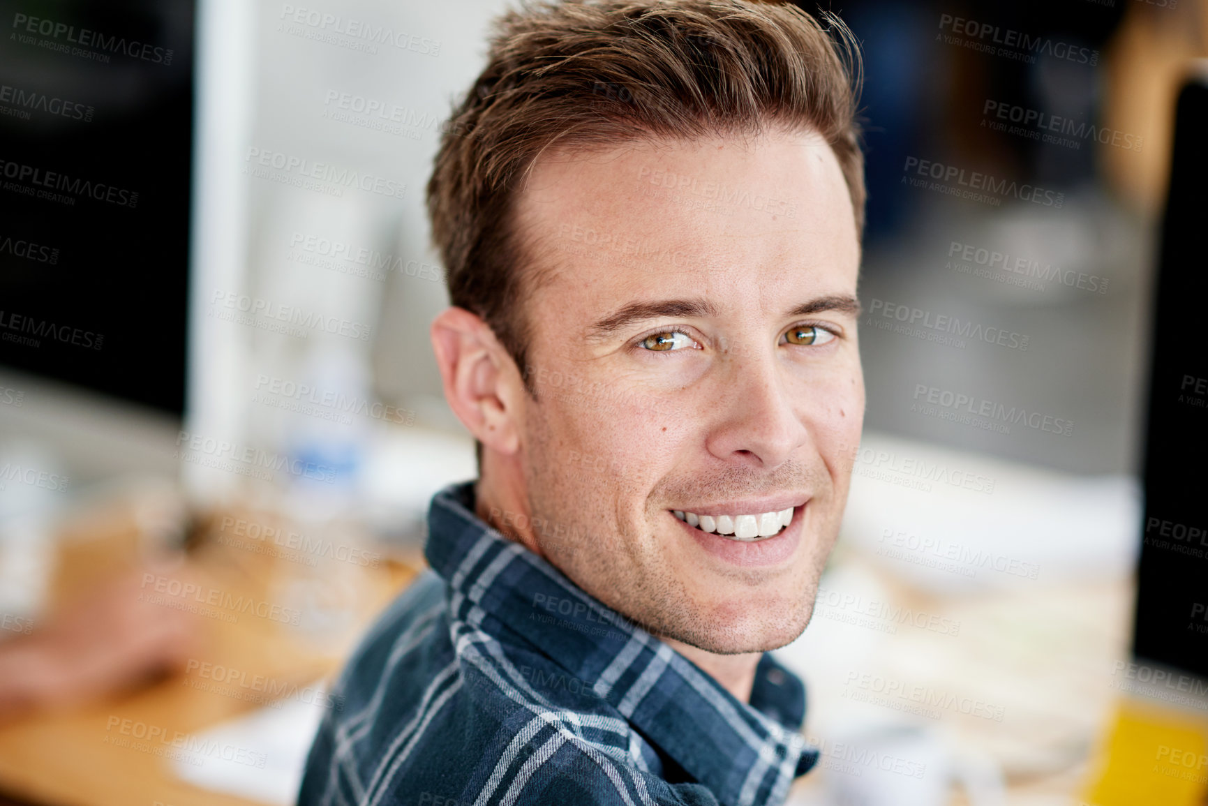 Buy stock photo Graphic designer, man and portrait in office with smile in career for company, publication or magazine. Male person, happy and confident for deadline, website and technology in workplace or business