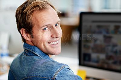 Buy stock photo Businessman, smile and portrait in office with computer for startup, work and company. Web designer, tech and brand in New York in workplace with coding, graphic and creative ui design for website