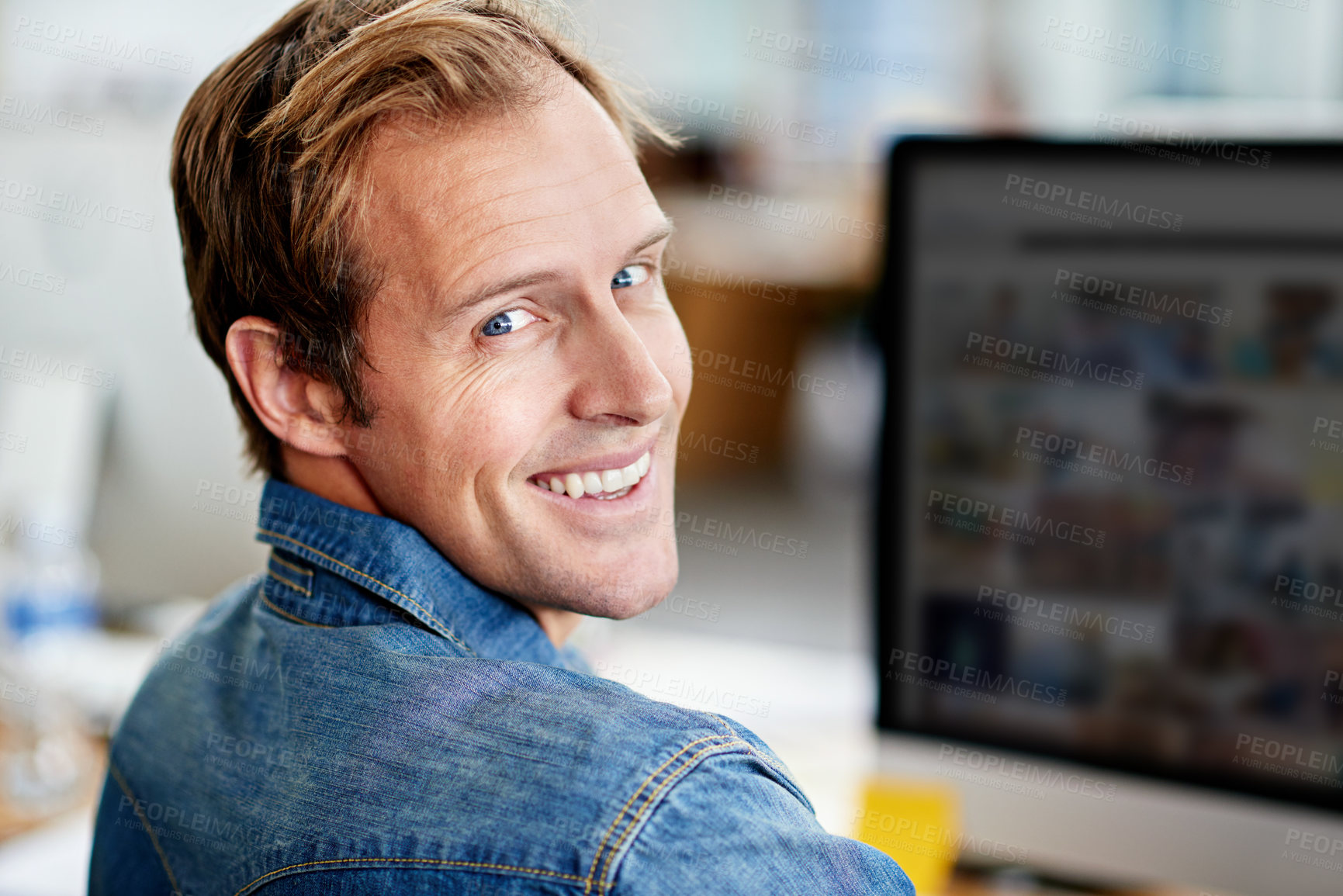 Buy stock photo Businessman, smile and portrait in office with computer for startup, work and company. Web designer, tech and brand in New York in workplace with coding, graphic and creative ui design for website