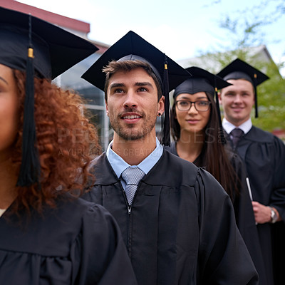 Buy stock photo Education, university and students in row for graduation dreaming and thinking of future. Smile, waiting and group of young people in line for college degree, diploma or certificate by campus.