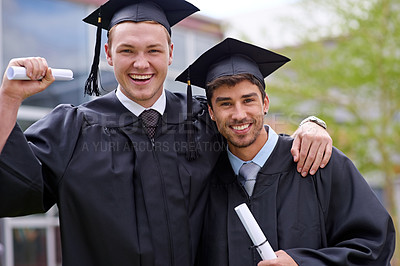 Buy stock photo Celebration, university and portrait of students at graduation excited for future with pride. Smile, happy and confident men friends cheering for college degree, diploma or certificate on campus.