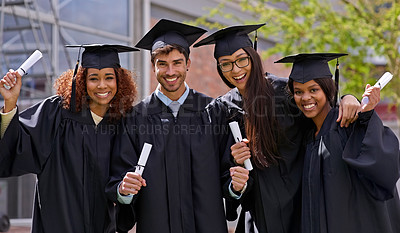Buy stock photo Portrait, university and students with graduation, degree and achievement with success, ceremony or certificate. Knowledge, group or people with education or future with friends, smile or celebration