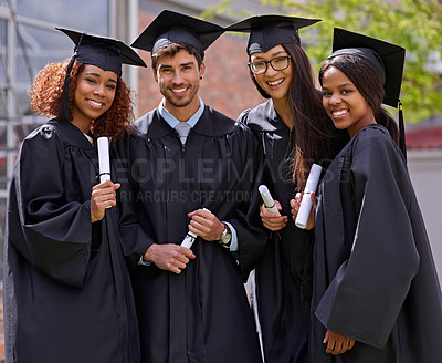 Buy stock photo Portrait, success and students with graduation, outdoor and achievement with knowledge and certificate. Celebration, group and people with robe and degree with friends on campus, smile and education