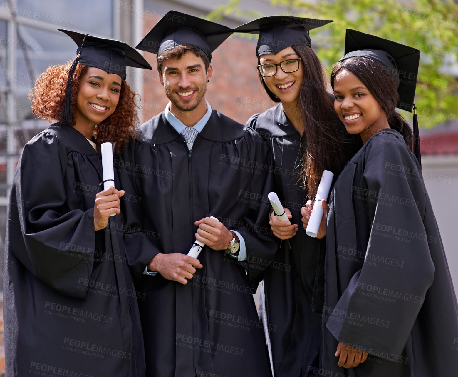 Buy stock photo Portrait, success and students with graduation, outdoor and achievement with knowledge and certificate. Celebration, group and people with robe and degree with friends on campus, smile and education