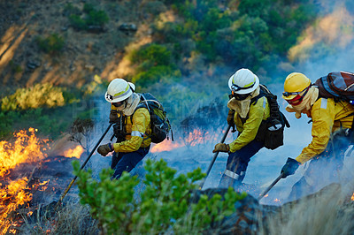 Buy stock photo Fire, forest and men with teamwork for emergency, disaster management and damage control in bush. Mountain, flame and people in firefighter service, rescue volunteer and safety in nature conservation