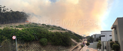 Buy stock photo Nature, mountain and landscape with smoke or danger of climate change, risk in environment with trees. Forest fire, disaster and emergency in countryside with hill or woods, outdoor banner with fog