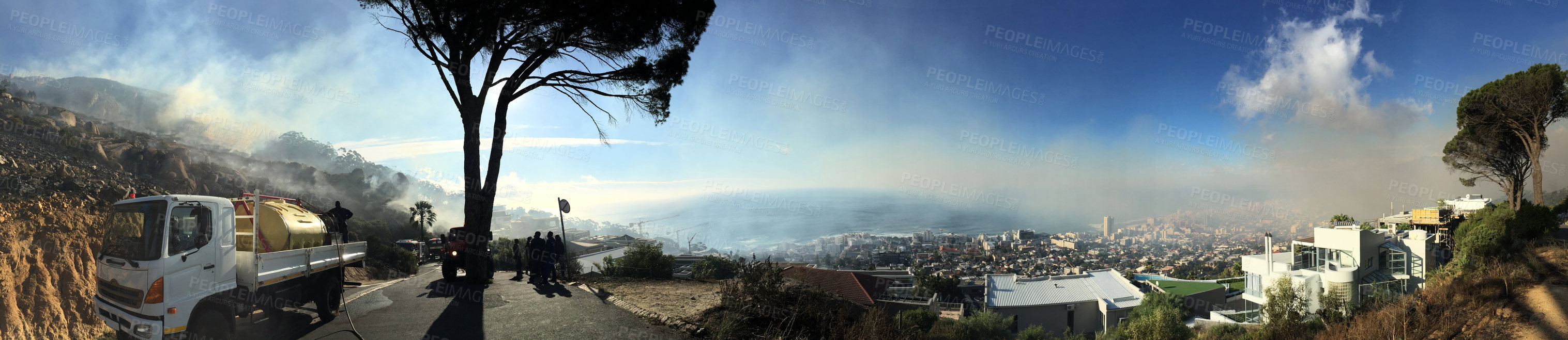 Buy stock photo Nature, mountain and countryside with smoke or risk of climate change, danger in environment with trees. Forest fire, disaster and emergency in landscape with hill or woods, outdoor banner with fog