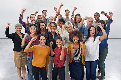 Buy stock photo Success, portrait and group of people fist with power, celebration and crowd hands in solidarity and diversity. Community, winner and excited business women and men cheers, celebrate and yes together