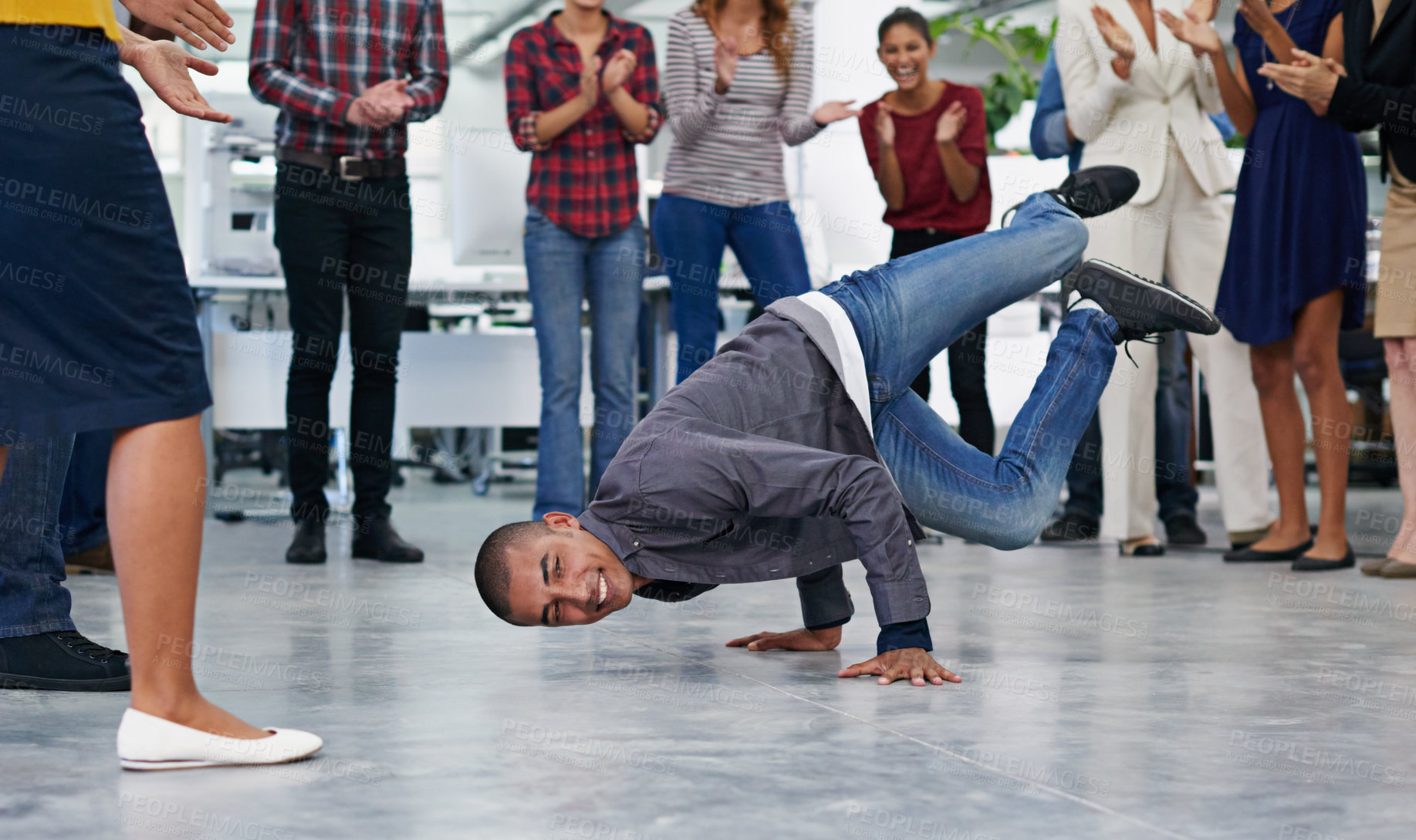 Buy stock photo Man, breakdance and office with people for creative company, salary bonus and team building. Happy employees, business success and hip hop dancing for work event with applause, celebration and energy