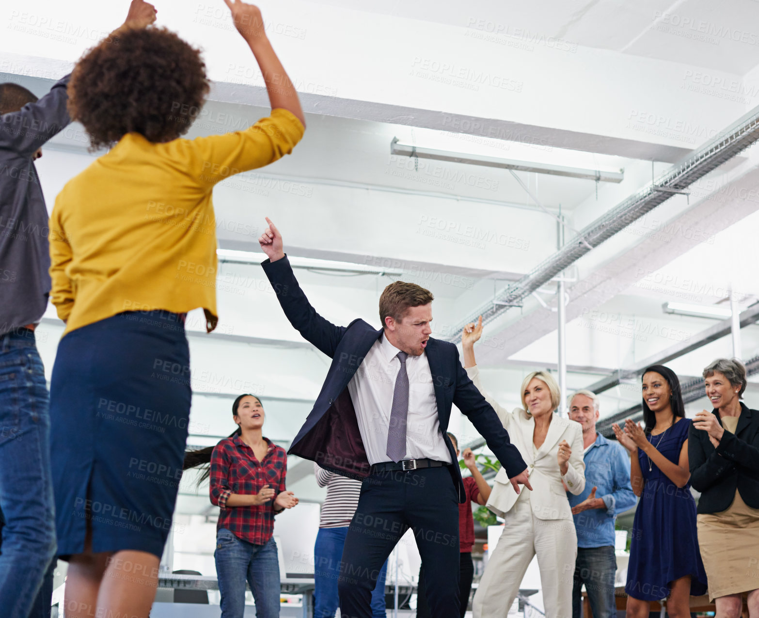 Buy stock photo Cropped shot of an office party with people dancing and having a good time