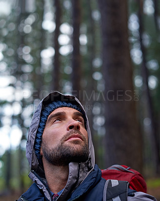 Buy stock photo Man, hiking and nature for wellness with backpack, gear and fitness for sports, recreation and health. Male person, hiker and trail for wellbeing, strength and endurance in forest for adventure